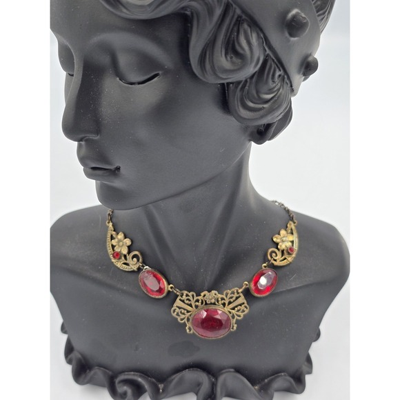 Antique Brass Filigree Necklace Red Glass Stones Art Deco Nouveau Style - Picture 13 of 16